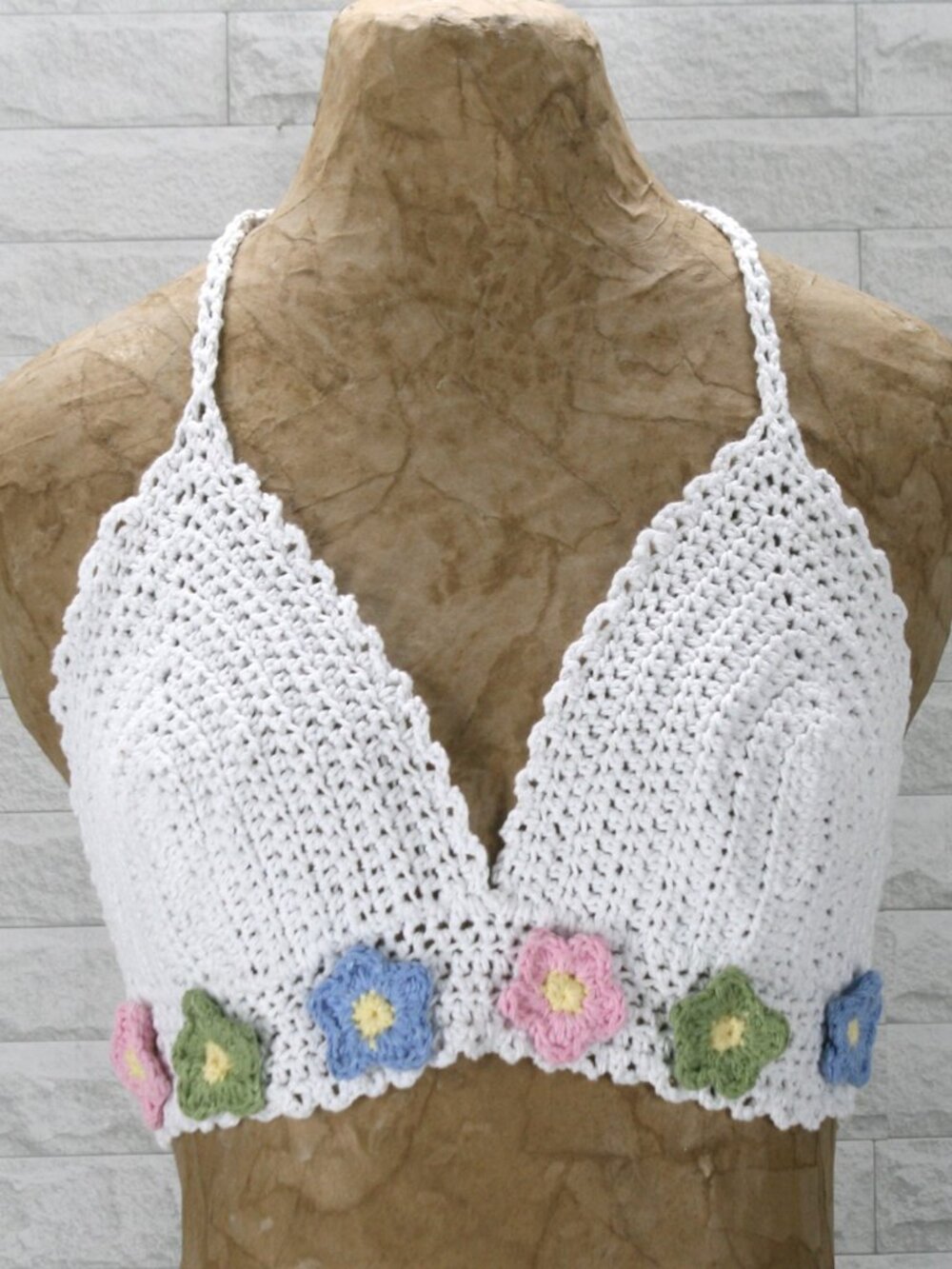 HAND CRAFTED Crop Top Halter Bikini Crochet Flower Power Spring Festival White